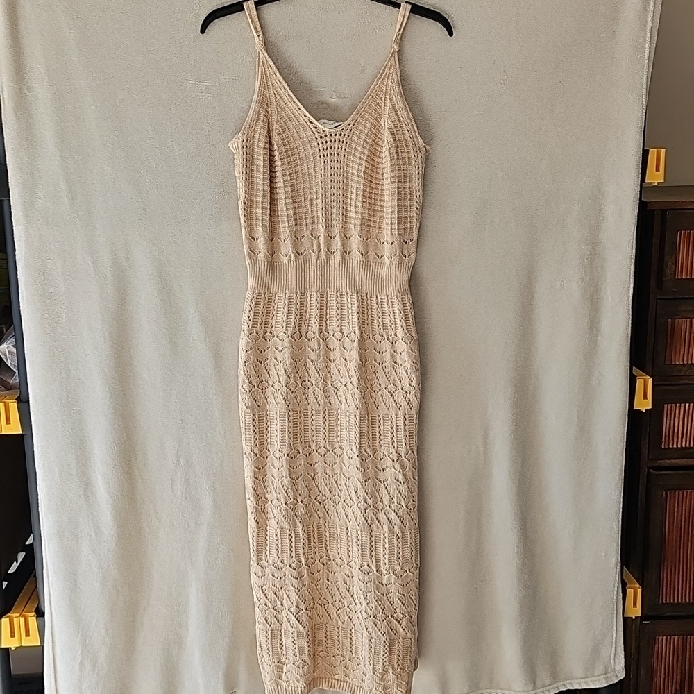 NWT Freshman 1996 Stretchy Strappy Crochet Midi Dress Tan L Whimsical Festival - Picture 3 of 6